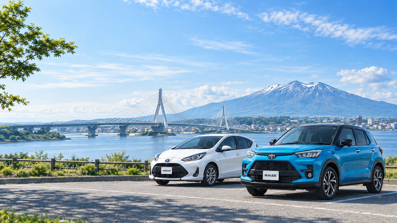 青森の景色を背景にしたレンタカー
